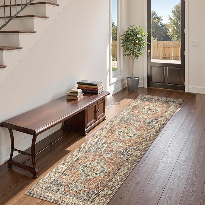 Lahome Oriental Kitchen Runners for Hallways, 2.5x10 Washable Runner Rug Non Slip, Soft Hallway Rug Distressed Ultra-Thin Long Carpet for Bathroom Entryway ?랡edroom, Peach/Orange