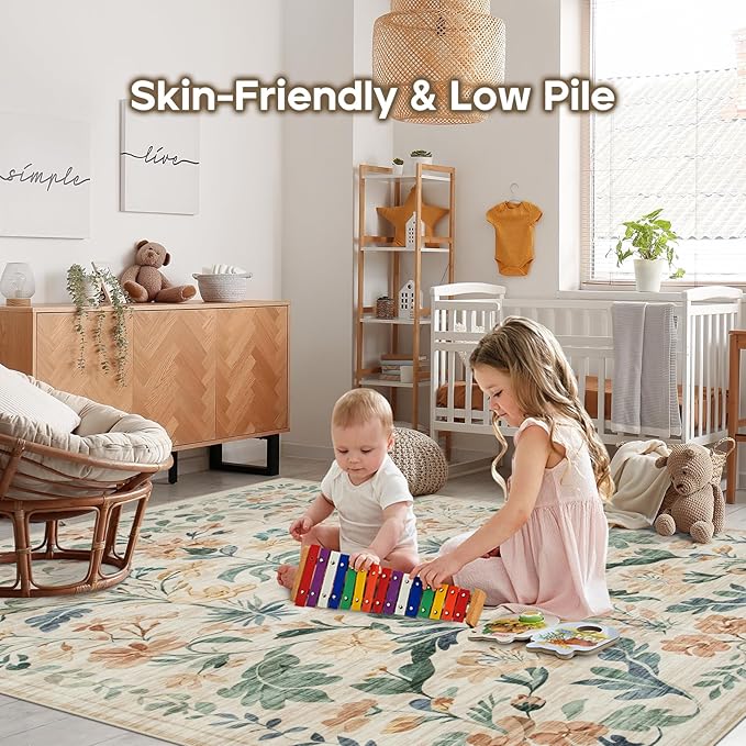 Machine Washable Area Rugs 2x3: Small Entryway Rug Soft Non-Slip Thin Carpet Floral Indoor Door Mat Floor Neutral Carpets for Entrance Bedroom Kitchen Laundry Bathroom Beige