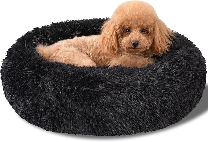 Dog Calming Beds for Small Medium Large Dogs - Round Donut Washable Puppy Dog Bed, Anti-Slip Faux Fur Fluffy Donut Cuddle Anxiety Cat Pet Bed(20" Black
