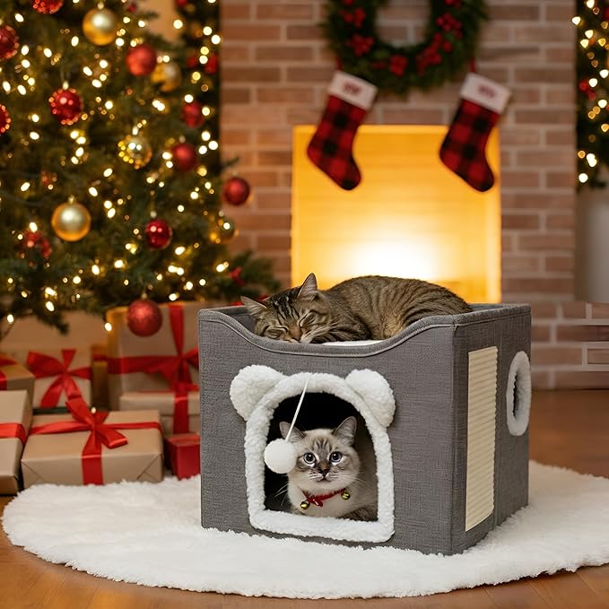 Cat Houses for Indoor Cats, Large Cats Bed Cave, Kitten Cube Box,Cat Condo with Scratching Pad, Hanging Fluffy Ball & Peekaboo Window, Foldable Hideaway Hand-Washable(16x16x13.3 Inches,Grey)