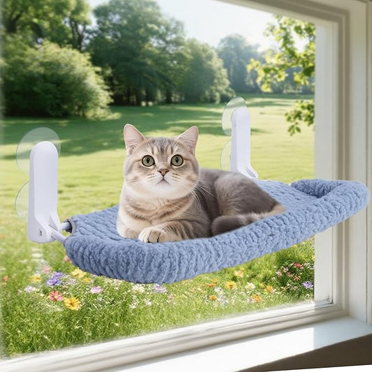 Cat Window Perch with Cushion Rim, Easy Install Bracket, Portable Wall Hammock for Indoor Cat, Light Blue