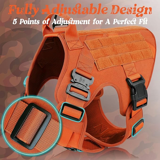 rabbitgoo Tactical Dog Harness for Large, Heavy Duty Pet Harness with Handle, No-Pull Service Vest Large Breed, Adjustable Military Dog Vest for Training Hunting Walking, Orange, L