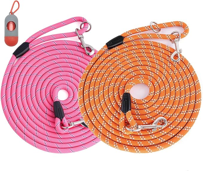 (2 Pack) Long Dog Leash for Dog Training 16FT/20FT/30FT/50FT, Reflective Heavy Duty Dog Lead for Large Medium Small Dogs Outside Walking, Playing, Camping, or Yard,Orange&Pink 30FT