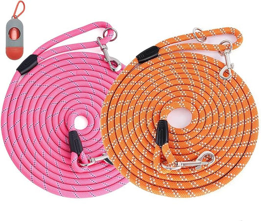 (2 Pack) Long Dog Leash for Dog Training 16FT/30FT/50FT, Reflective Heavy Duty Dog Lead for Large Medium Small Dogs Outside Walking, Playing, Camping, or Yard,Orange&Pink 20FT