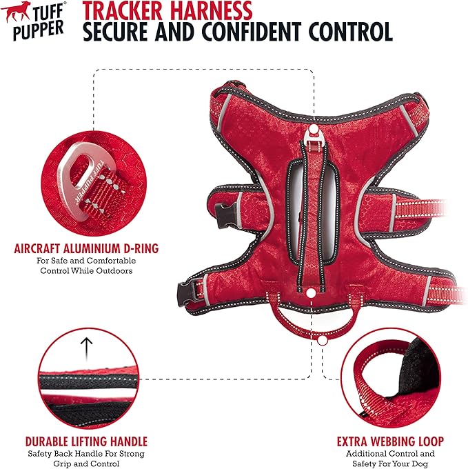 Tuff Pupper Tracker No Escape Dog Harness, Dual Attachment Points, Reflective 3M Stitching, XS - XL, March Red
