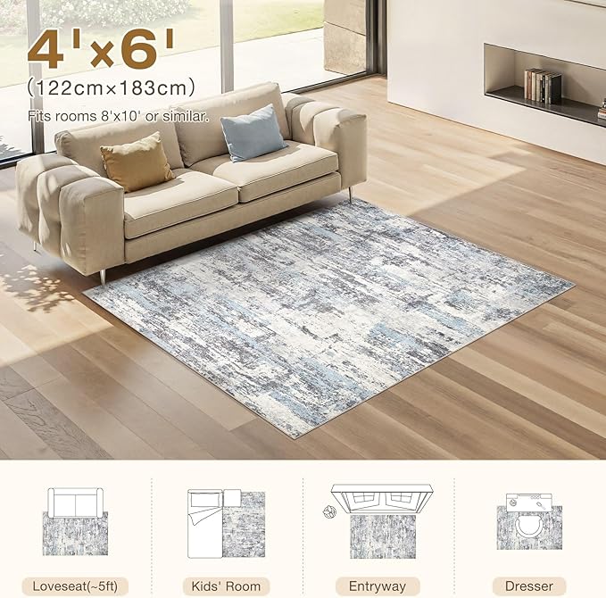 Area Rugs for Living Room: 4x6 Abstract Washable Rug Modern Neutral Large Soft Stain Resistant Non-Slip Backing Machine Table for Bedroom Dining Room Indoor Home Office Carpet - Blue Grey