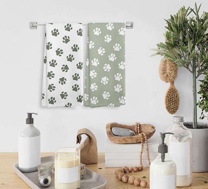 Dog Paws Dish Towel, Sage Green Kitchen Towels and Dishcloths Set of 2, Green and White Hand Towels for Bathroom, Dog Print Kitchen Towel Decorative, Cute Dogs Paw Gifts for Dogs Lovers,16×24In
