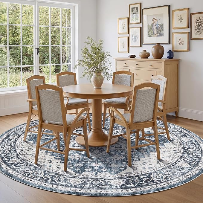 AMADA HOMEFURNISHING 6ft Area Rugs, Blue Low-Profile Washable Rug with Non-Slip Backing & Durable Edge Binding, Vintage Rugs for Living Room, Bedroom, Dinning Room