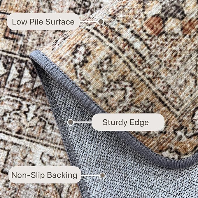 GENIMO 5x7 Area Rugs for Living Room, Machine Washable Vintage Non Slip Rugs, Low Pile Lightweight Chenille Print Rug for Bedroom, Dining Room, Home Office, Vintage Clay