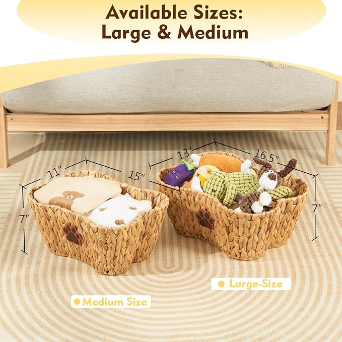 FairyHaus Dog Toy Basket Organizer with Dog Paw Decor, 1Pack Wicker Bone Shape Dog Toy Bin for Organizing, Natural Water Hyacinth Dog Toy Box for Pet Chew Toys Blanket Treats Storage