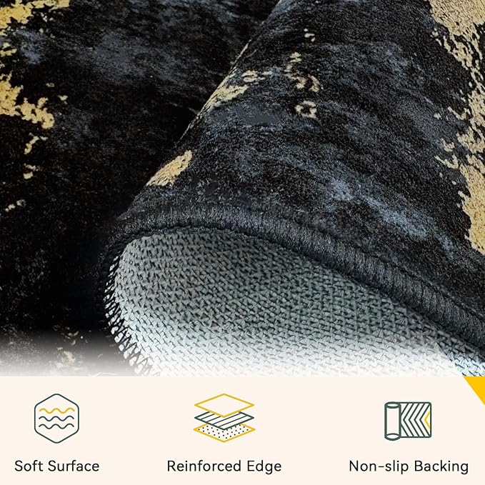 Washable Area Rugs 2'6'' x14 Non-Slip Modern Abstract Soft for Living Room Entryway Bedroom Nursery, Print Pattern, Dark Black Gold