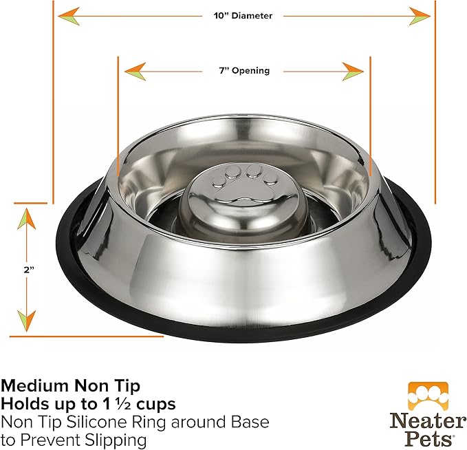 Neater Pet Brands Stainless Steel Slow Feed Bowl - Non-Tip & Non-Skid - Stops Dog Food Gulping, Bloat, Indigestion, and Rapid Eating (1.5 Cup)
