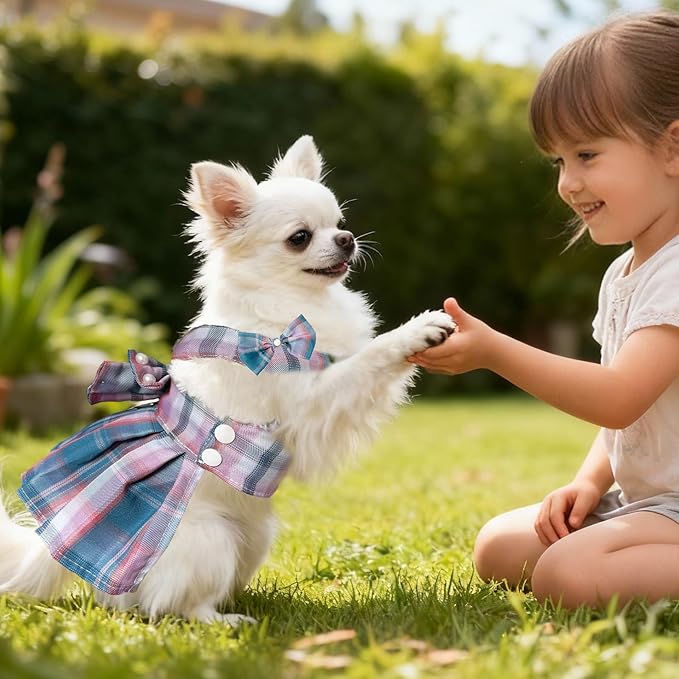 Dog Dress Bowknot Harness Leash Set for Small Dogs Girl Cute Plaid Dog Dress Pearls Bow Tie Spring Summer Princess Clothes Birthday Holiday Doggie Outfits for Puppy Cats Girl (Lake Blue, Small)