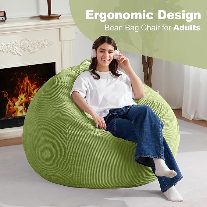 Homguava 4FT Bean Bag Chair for Adults,Teardrop Bean Bags Big Beanbag Chair with Memory Foam Filled and Ultra Soft Removable Corduroy Cover for Living Room, Bedroom (Green)