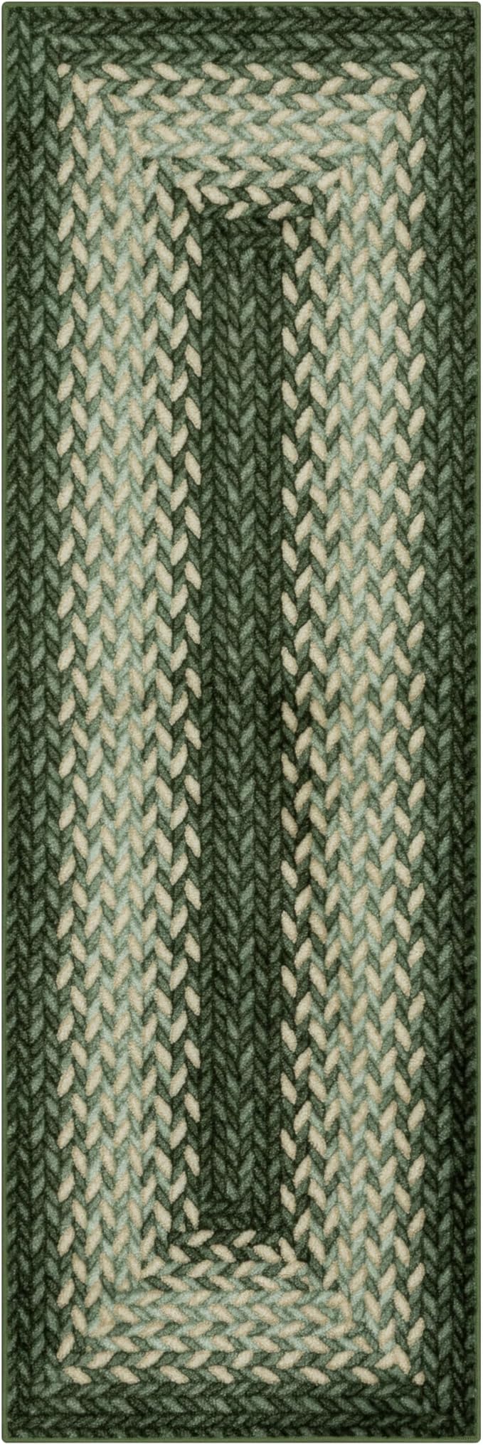 Maples Rugs Marion Bohemian Braided-Style Print Runner Rug ??Made in USA ??Washable, Non-Slip Indoor Runner for Hallway, Kitchen, and Laundry Room, 2' x 8', Green