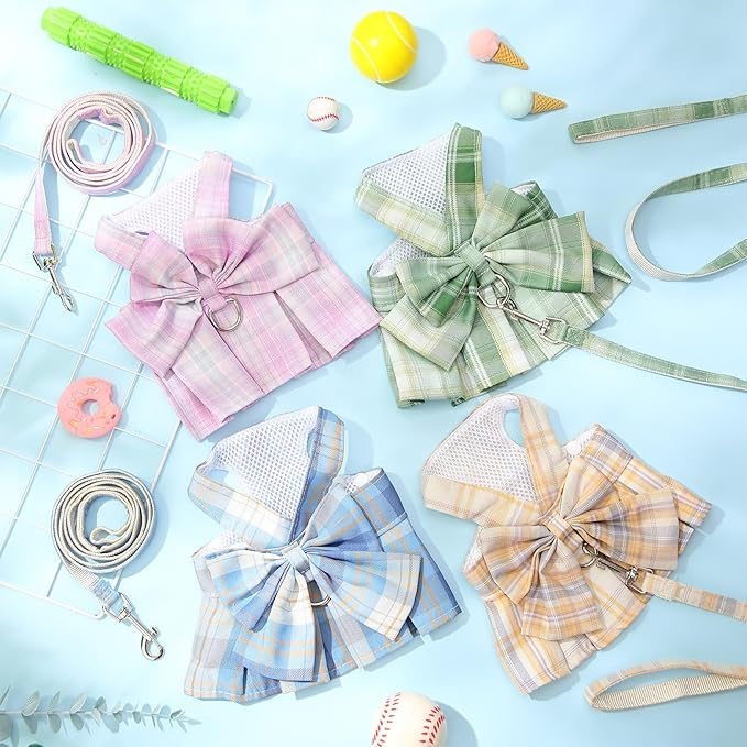 4 Pcs Cute Plaid Dog Dress Set with Bow Tie Harness & Leash for Small Dogs, Puppy Clothes for Girls Outfits(L,Light Color)