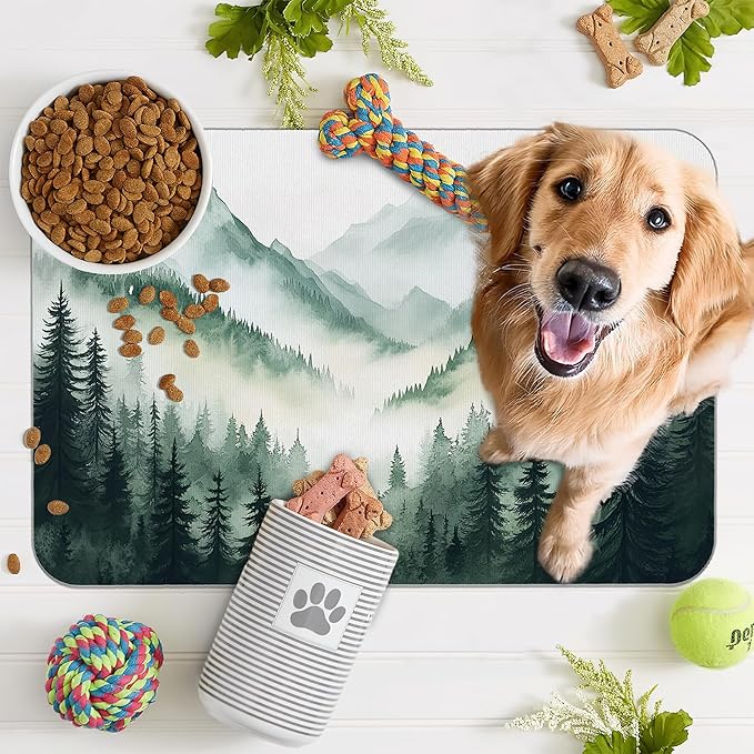 Misty Forest Mountain Dog Food Mat for Floors,Absorbent Quick-Dry Pet Feeding Mat,Cat Dog Bowl Mats for Food and Water,Non-Slip Pet Accessories Supplies 12"x20"