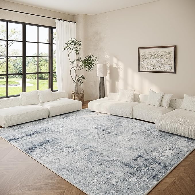 Washable Living Room Area Rugs: 6'x9' Large Rug Stain Resistant Distressed Abstract Rug Non Slip Low Pile Faux Wool Soft Rug for Bedroom Bedside Kitchen Dining Room Farmhouse Nursery Kids Playroom