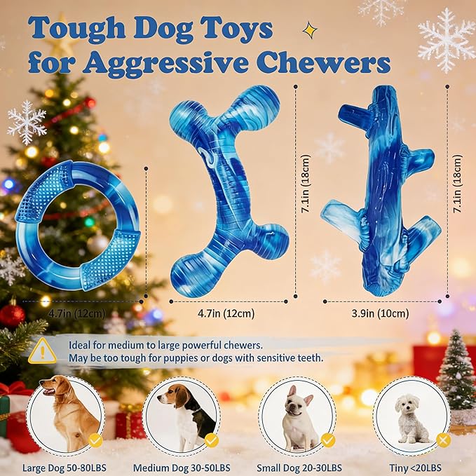 Furdog 3Pack Dog Toys for Aggressive Chewers Dog Chew Toy Tough Dog Toys to Keep Them Busy Bacon Flavor Teething Chew Toys & Dental Health for Large Medium Small Breeds (Blue)