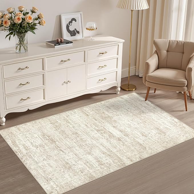 3x5 Area Rug Living Room Rugs - Washable Neutral Modern Abstract Soft Thin Rug Indoor Floor No Slip Rug Carpet for Bedroom Under Dining Table Home Office Decor - Beige/Brown