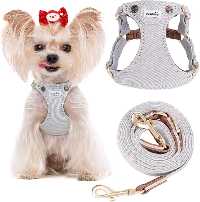 Puppytie No Pull xs Dog Harness with Multifunction Dog Leash,Soft Adjustable No Choke Escape Proof Pet Harness Vest,Denim Gray,XXS