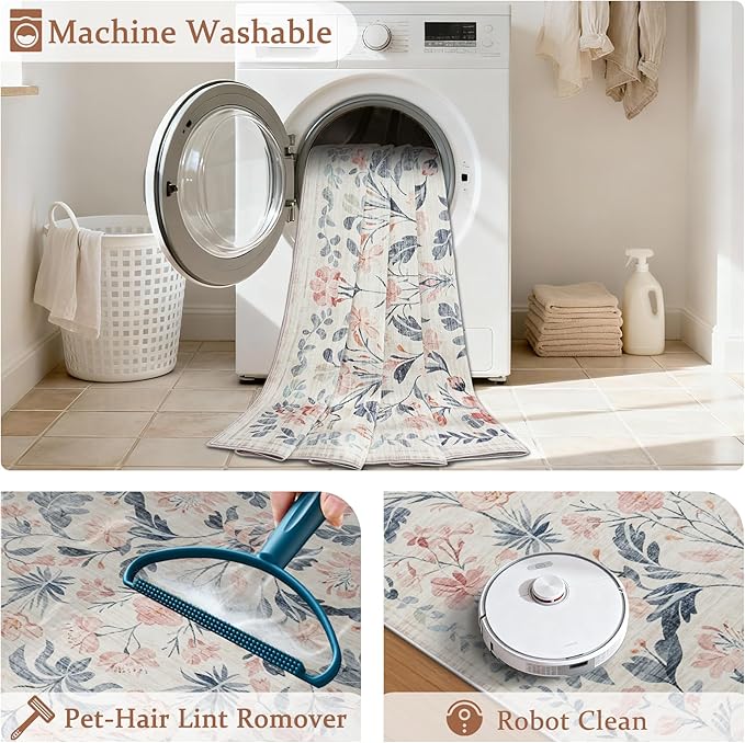8x10 Area Rugs Washable Rug: Lagre Boho Living Room Rug Soft Non-Slip Thin Carpet Indoor Floor Non-Shedding Neutral Floral Carpets for Bedroom Dining Room Farmhouse Nursery Multi