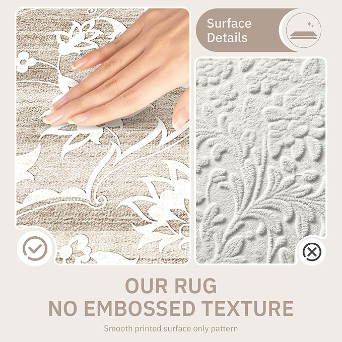 5x7 Area Rugs for Living Room, Washable Vintage Floral Non-Slip Low Pile Natural Rug Soft Throw Carpet for Dining Room Bedroom Home Office Nursery (Light Brown, 5'x7')