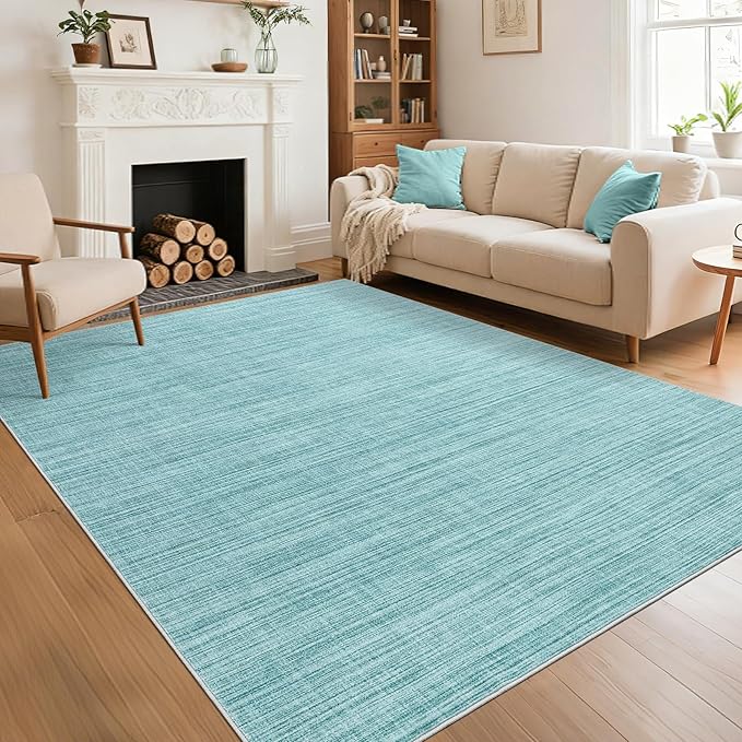 Washable Area Rug 8x10 for Living Room Bedroom Non Slip Minimalist Solid Color Area Rugs Modern Abstract Plain Dining Room Throw Carpet Low Pile Soft Classic Boho Rugs for Kitchen Nursery Oiifce, Blue