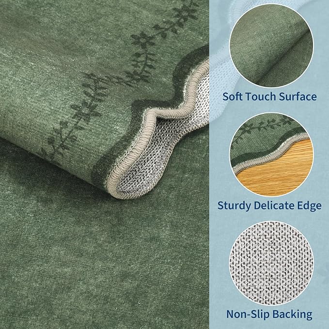 GarveeHome Scalloped Entryway Rug, 2x3 Solid Green Washable Front Door Rug Indoor Entrance Floral Carpet Non-Slip Low Pile Throw Rugs for Kitchen Floor, Powder Room, Entry, Bathroom, Kids Room
