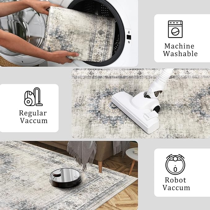 GarveeHome Bedroom Area Rug 5x7 Vintage Distressed Living Room Area Rug Non Slip Low Pile Large Dining Room Rug Soft Medallion Throw Floor Carpet Machine Washable Rugs for Home Office, Sage