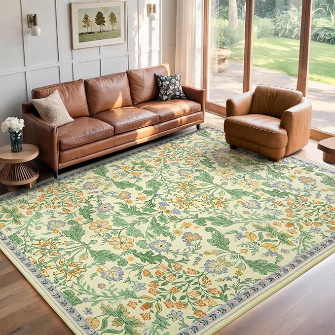 Floral Area Rug for Living Room: 8x10 Washable Soft Low Pile Thin Indoor Carpet, Non Slip Stain Resistant Vintage Flower Boho Accent Large Rugs for Bedroom, Dining, Home Office, Nursery - Ivory