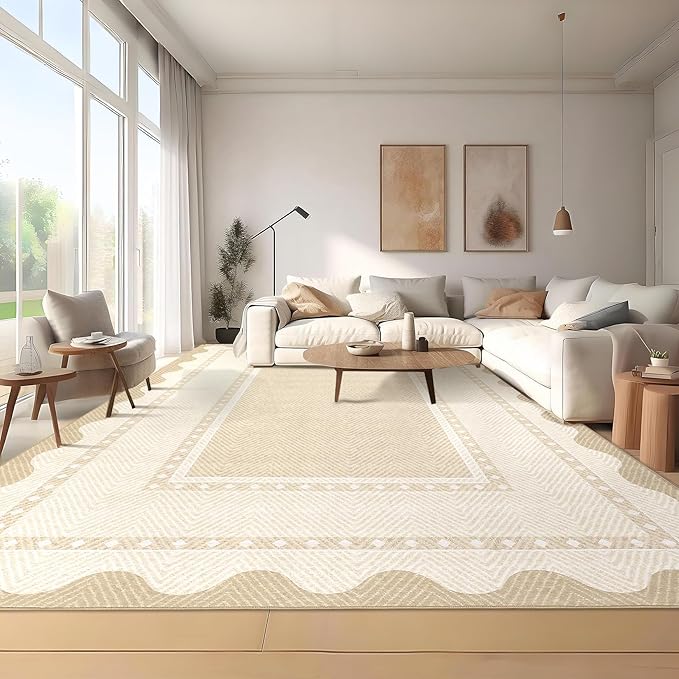 GarveeHome Washable Area Rugs 10x13 Modern Border Neutral Print Pattern Large Solid Rugs, Low Pile Non Slip Stain-Resistant Soft Carpet, Perfect for Living Room, Bedroom, Kids Room, Nursery, Beige
