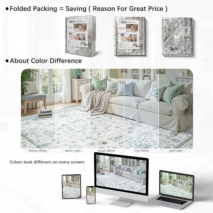 DCX Green 6x9 Rug, Kid & Pet Friendly with Rubber Back Non Slip, Machine Washable Stain Resistant Vintage Boho Floral Rug for Living Room, Bedroom, Soft Low Pile Large Nursery Carpet