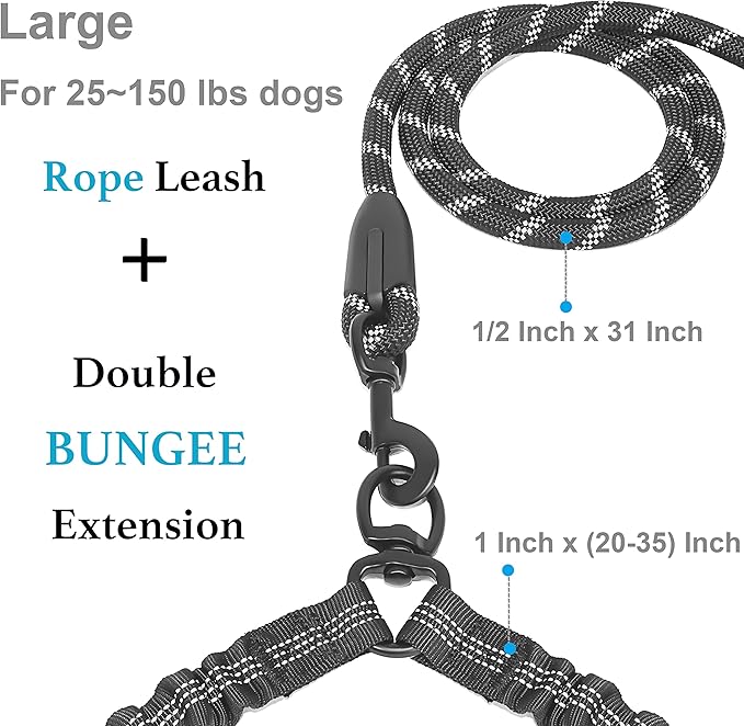 iYoShop Dual Dog Leash - 360° Swivel, No Tangle Walking Leash with Shock Absorbing Bungee for Two Dogs (Large, 25-150 lbs, Black)