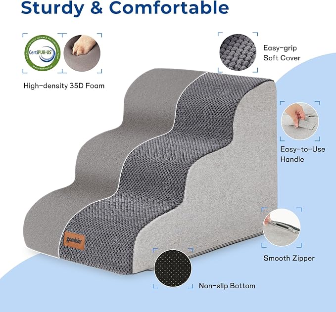 Dog Stairs for Small Dogs - Pet Stairs for Couch and Bed, 35D Foam Dog Steps Ramp with Non-Slip Bottom Beige, 3 Steps