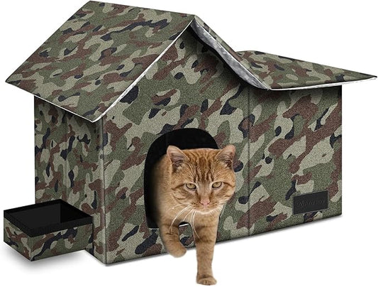 Cat Houses for Outdoor Cats-Large Weatherproof Cat Bed for Indoor Cats,Collapsible Warm Feral Cat Shelter with Removable Soft Mat and Bowl for Winter (Camo, Large)