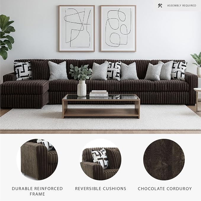 Signature Design by Ashley Midnight-Madness Casual Anti Sag Left-Arm Facing 3-Piece Sectional with Chaise, Reversible Seat Cushions and 10 Accent Pillows, Dark Brown