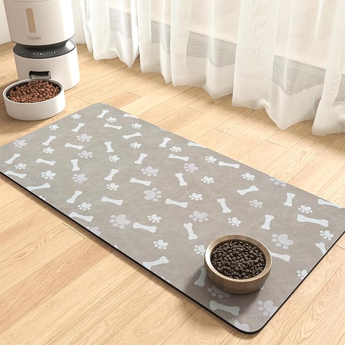 MontVoo Dog Food Mat-Pet Feeding Mat for Food and Water-No Stains Quick Dry Dispenser Cat Bowl Mat for Messy Drinkers(17"x34" Grey)