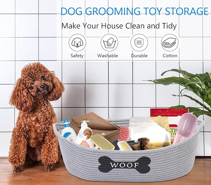 Morezi Dog toy baskets pet toy basket storage in small shallow stuff bin - Perfect for collect puppy toys, cat toy, grooming stuff, diapers, bed, for Bathroom, Playroom, Closet, Home - Grey