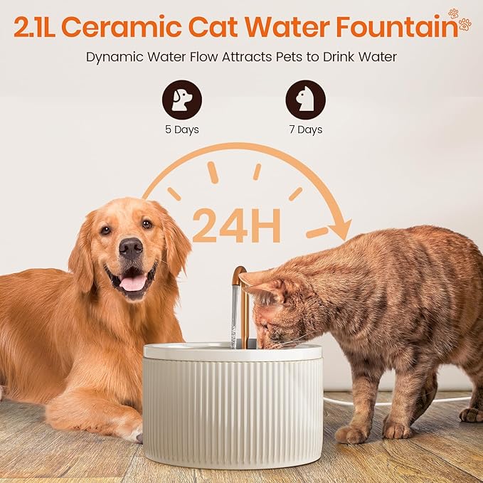 Ceramic Cat Water Fountain - 2.1L/71oz - All-Ceramic Body & Pure Copper Water Spout - Non-Toxic - Automatic Pet Drinking Fountain Indoor with Ultra-Quiet Pump, and 3Pcs Filter & Sponge (Beige)