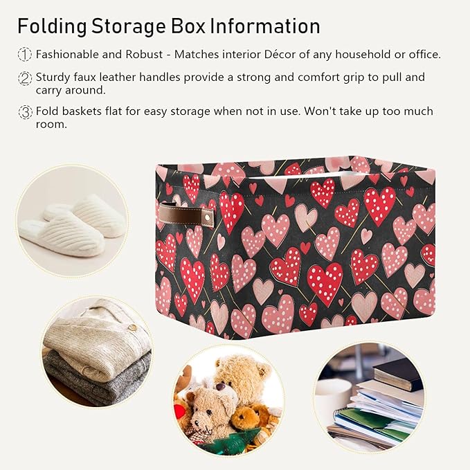 Wamika Happy Valentine's Day Black Storage Basket with Waterproof Liner and PU Handles Red Polka Dot Love Heart Pink Storage Bins Boxes 14.2" Collapsible Decorative Baskets for Bedroom Closet 1 Pack