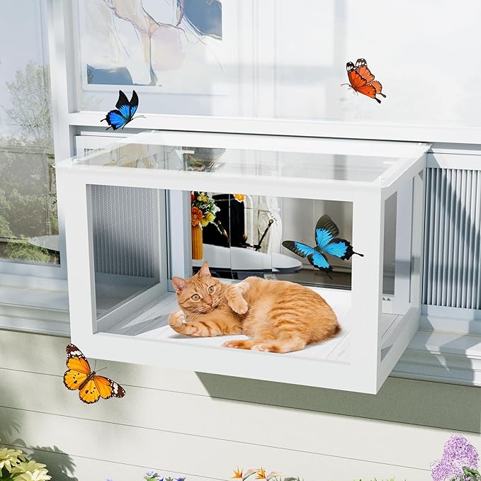 MAGIC UNION Window Catio for Indoor Cats, Cat Catio Outdoor Enclosure Window Box Perch w/Side Mosquito-Proof Wire Fits Double Hung Frames 25.4" to 43.3" Wide, Sunbathing Napping Overlooking (White)