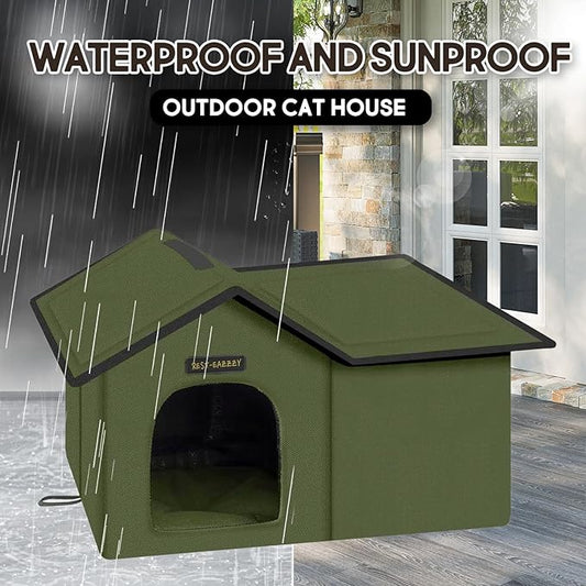 Rest-Eazzzy Cat House for Outdoor Cats, Weatherproof and Insulated Feral Cat House with Mat and Clip, Easy to Put Together, Selfwarming Cat Shelter for Winter(Green, Waterproof House-S)