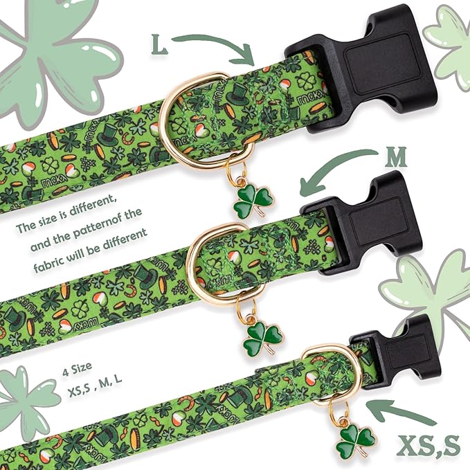 Faygarsle St Patrick's Day Dog Collar Cute Holiday Collar for Small Medium Large Dogs Green Trefoil Print Lucky Straw Cotton Dog Collar L