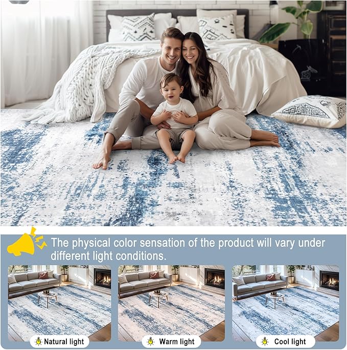 6x9 Area Rugs for Living Room - Washable Rug Modern Abstract Soft Large Neutral Non-Slip Carpet Indoor Floor Thin Carpets for Bedroom Dining Room Farmhouse Nursery Home Office White Blue Grey