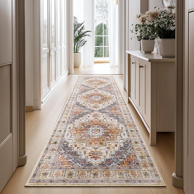 2'6" x 10'Non Slip Runner Rugs - Runners for hallways, Kitchen,Entryway,Stain Resistant Washable Rugs for Bedroom, Indoor Vintage Area Rugs (Turmeric/Grey,2'6" x 10')