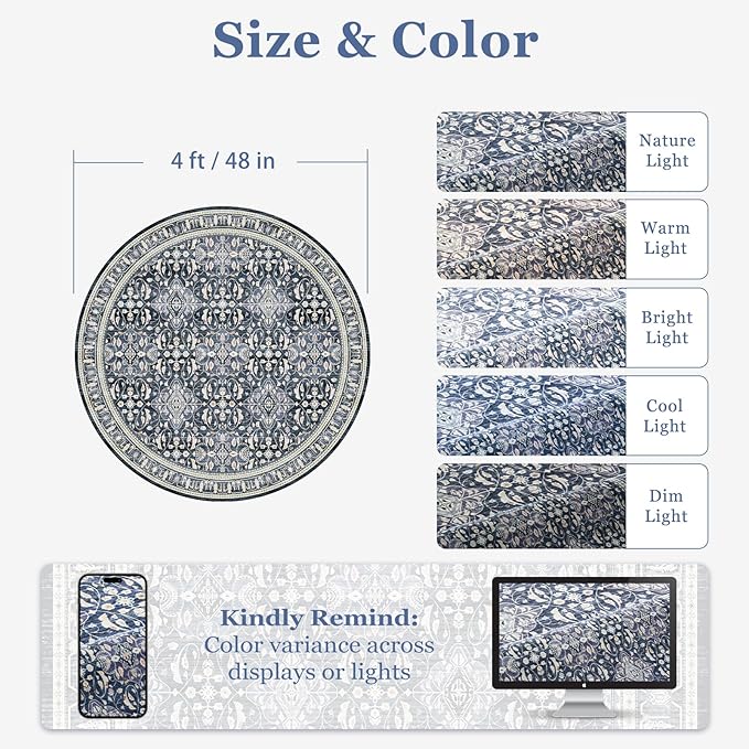 Dark Blue Round Rug 4ft for Entryway, Small Low Pile Circle Rug for Bathroom Ktichen, Washable Non Slip Circular Carpet Rug for Nursery Bedroom Dining Room, Transitional Moroccan Floral Trellis