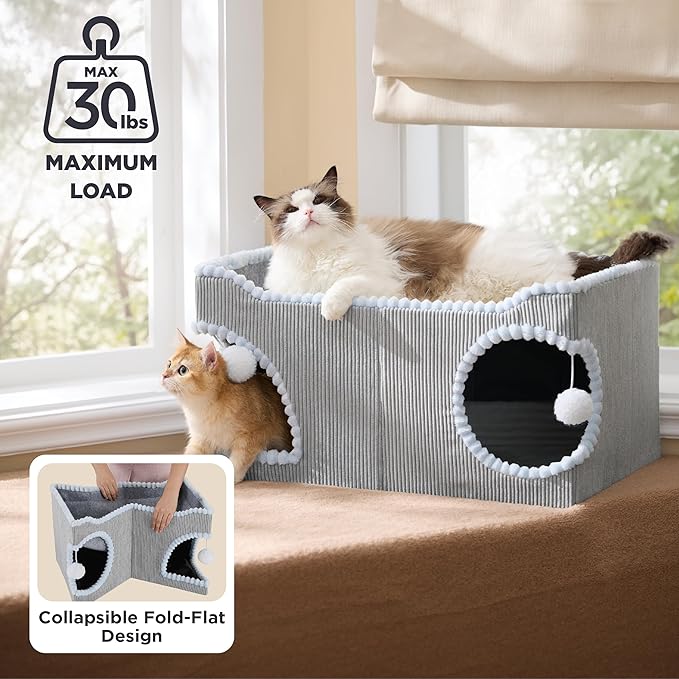 Bedsure Large Cat Beds for Indoor Cats - Extra Wide Cat House with Scratch Removable Top Sisal Pad for Multi Cats, Foldable Cave Hideaway for Entertainment, 23.6x15.9x12.6inches, Grey