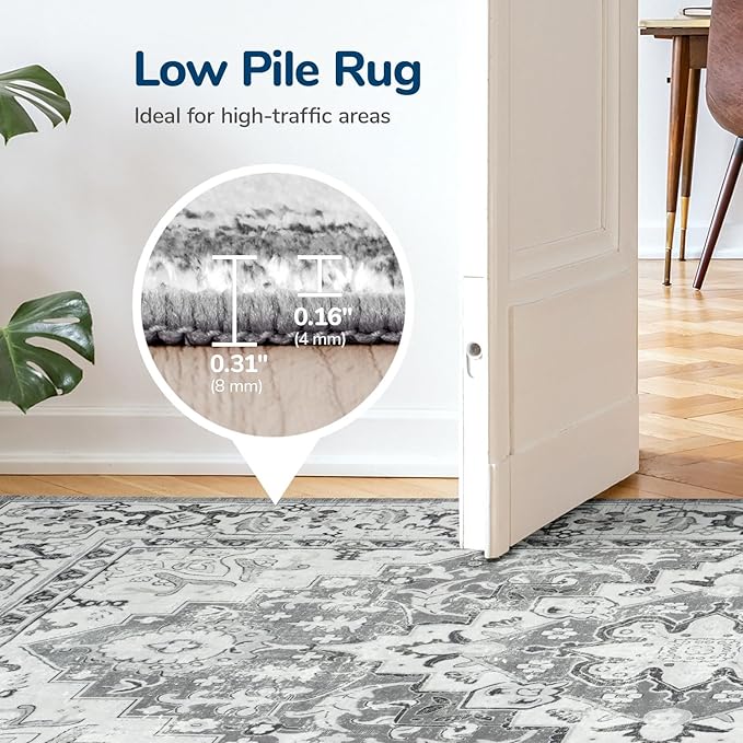 Lessymo 8 x 10 Area Rugs for Living Room- Machine Washable Area Rugs Boho Faux Wool Low Pile Area Rug for Bedroom, Floral Medallion Vintage Rugs with Non-Slip Rubber, Kid & Pet Friendly, Grey White