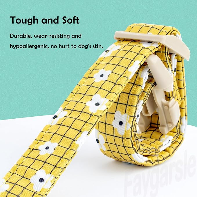 Faygarsle Floral Plaid Pattern Dog Collar, Yellow with White Flowers Summer Spring Design for Small Medium Large Dogs XS
